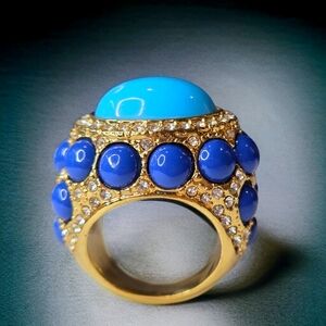 Chunky Gold Turquoise Lapis Lazuli Pave Crystal Statement Ring
